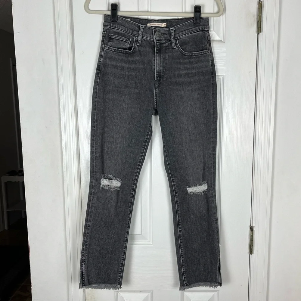 Levi’s Premium 724 High Rise Straight Distressed Washed Black Jeans Sz 28